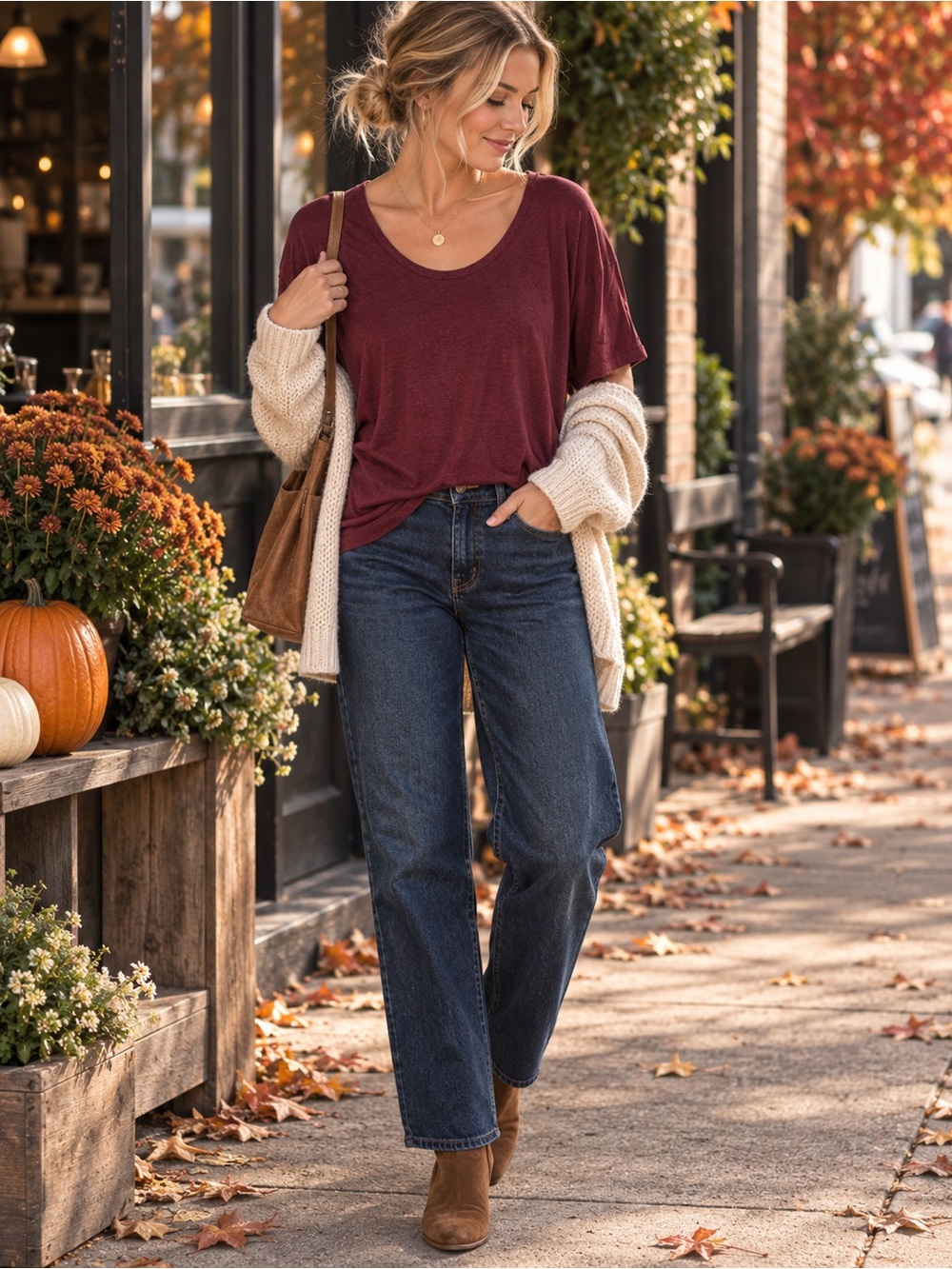 Roots Linen Blend Relaxed Scoop Neck T-Shirt Women’s Large Burgundy
